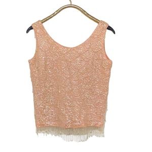 ViNTaGe 60s Pink Bead Sequin Fringe Shell Tank Top L